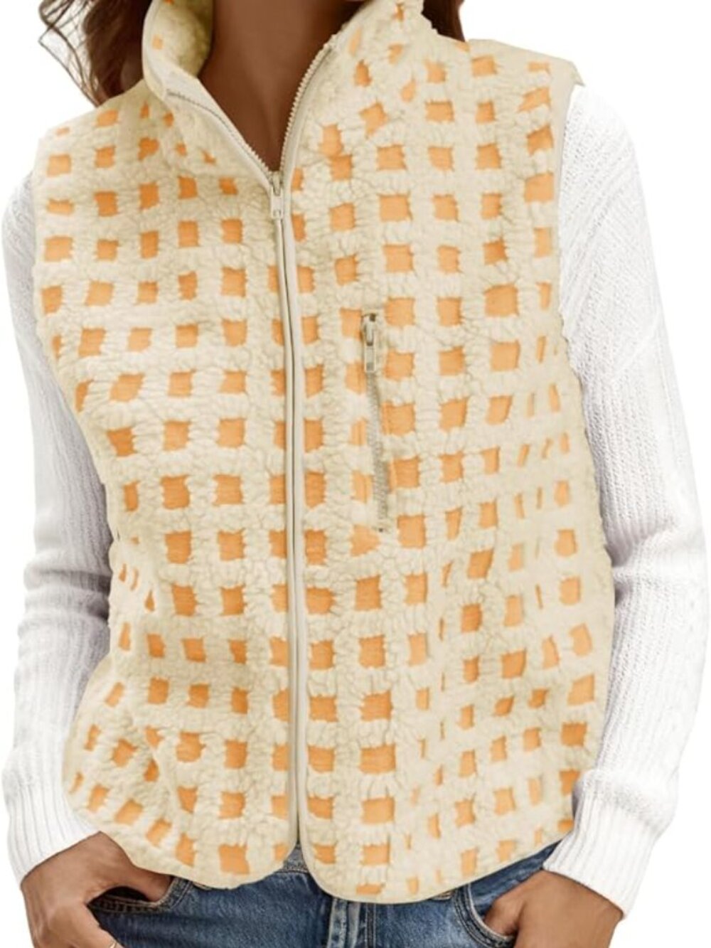 Tankaneo Plaid Checkered Sherpa Vest Yellow Fuzzy Fleece Zip Up NEW